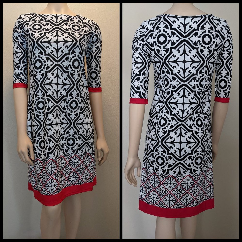 Haani Black & White Geometric Pink Trim Dress Sz S